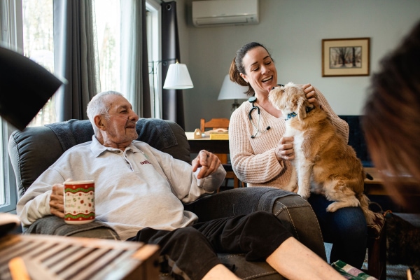 Old man having good time with a popy